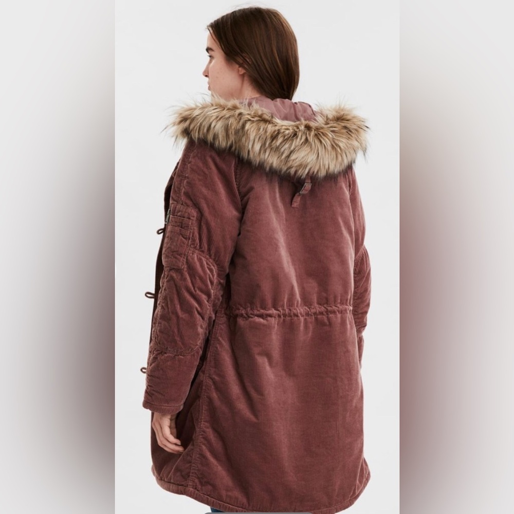 American Eagle AEO Brown Corduroy Winter Coat Womens Small Faux Fur Quilt Lined - Picture 5 of 14